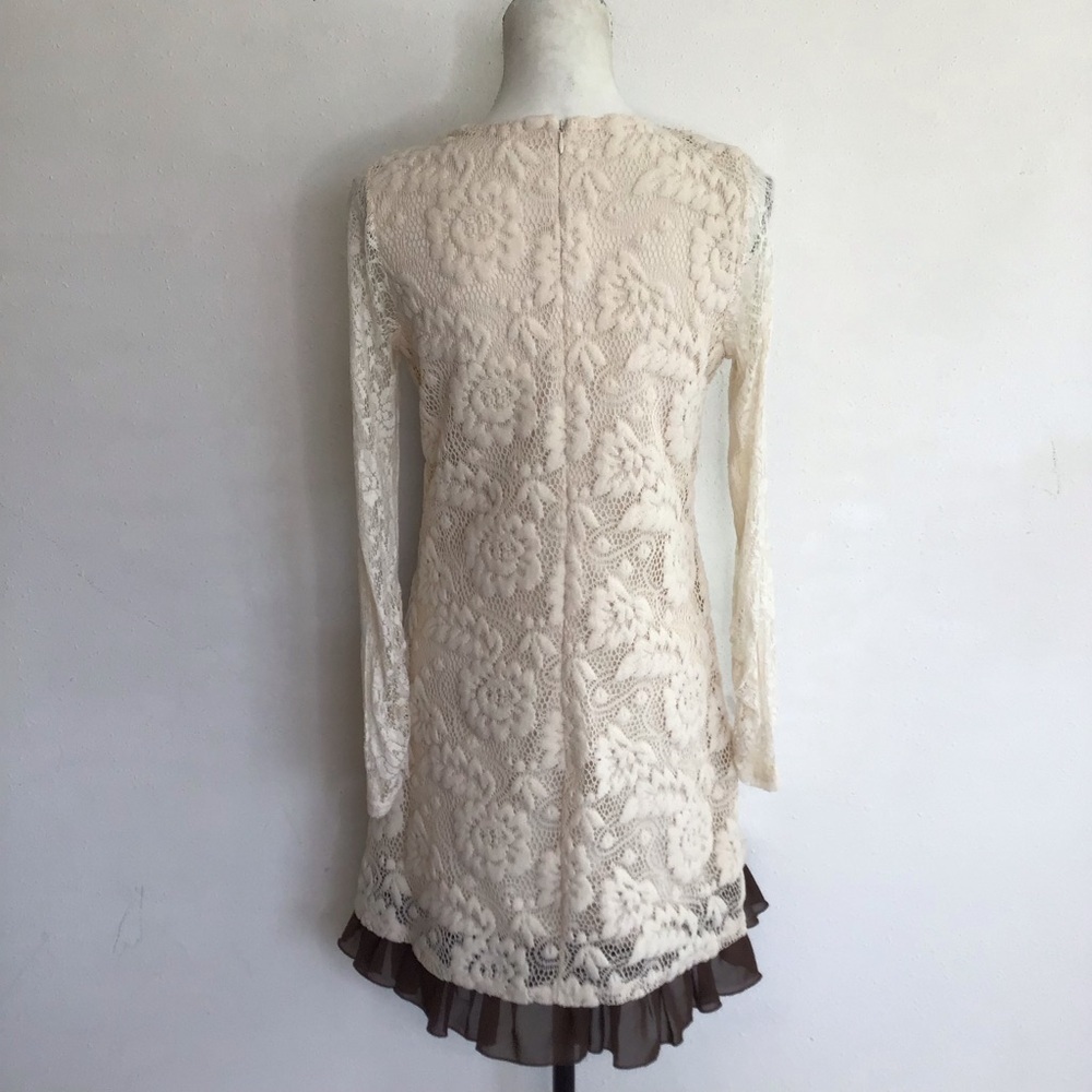 A'Reve Women Chic Sheer Cream Dolly/Olive Lace Detail Brown Ruffle Tier Dress M - Picture 2 of 11